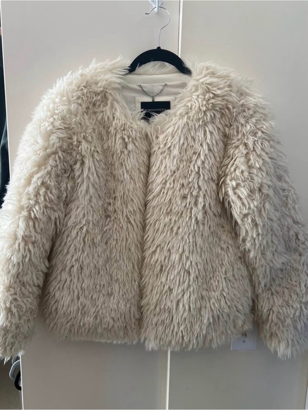 Collarless Mongolian Faux Fur Coat - IVORY FUR MONGOLIAN / Size SMALL
